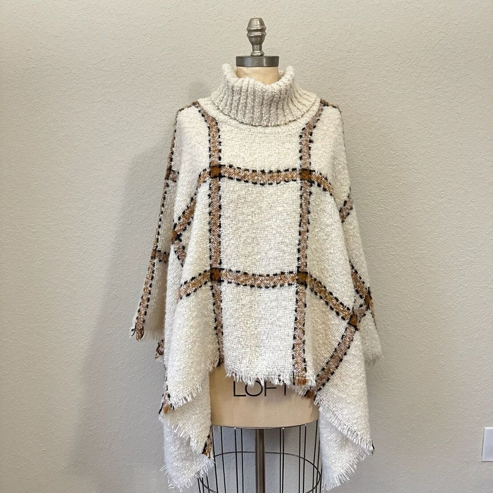 NWOT WORLD MARKET Plaid Poncho Shawl in Cream Brown